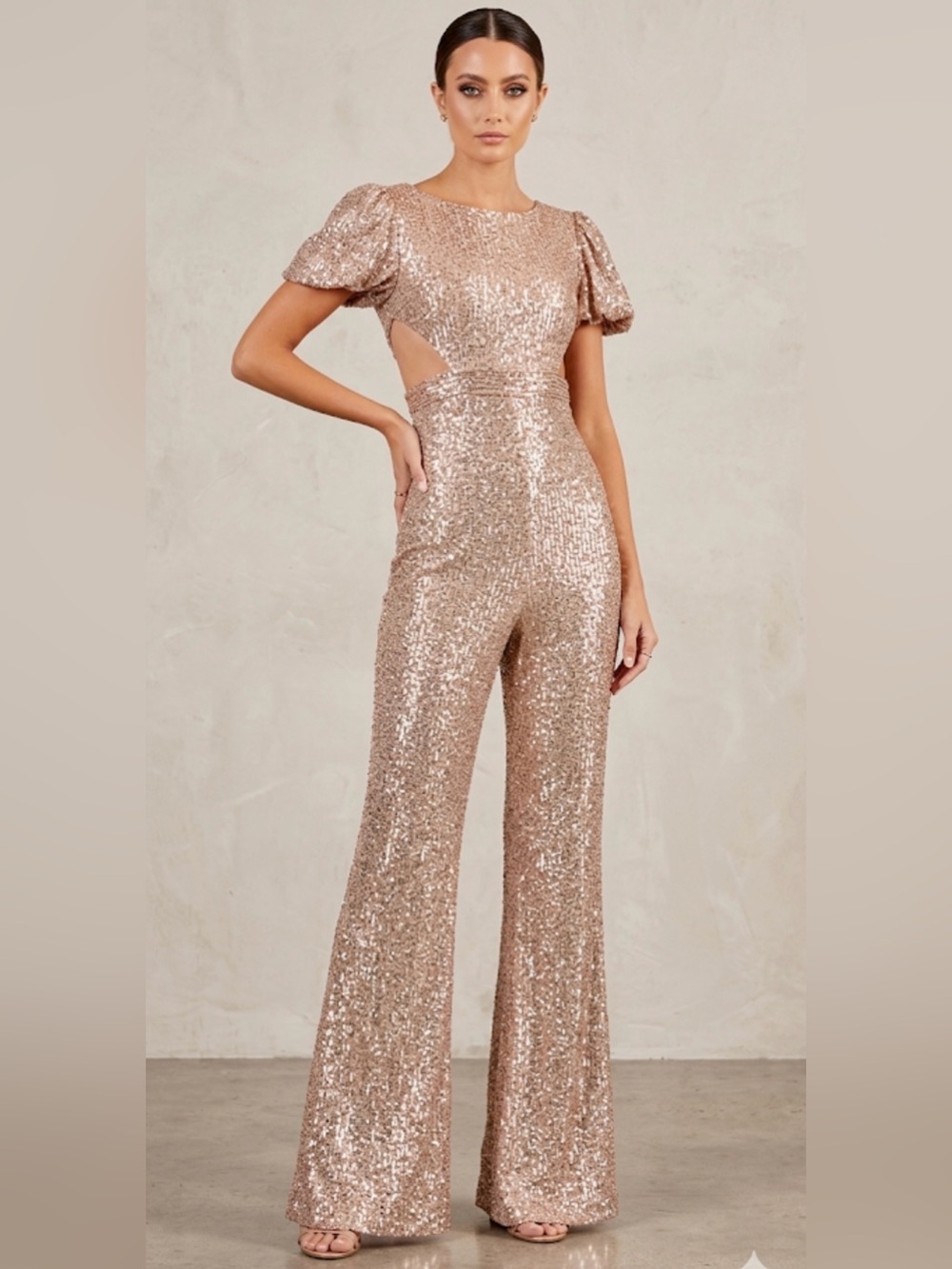 Mac Duggal Sequin Puff Shoulder Illusion Cutout Jumpsuit Wide-Leg rose gold 6-8